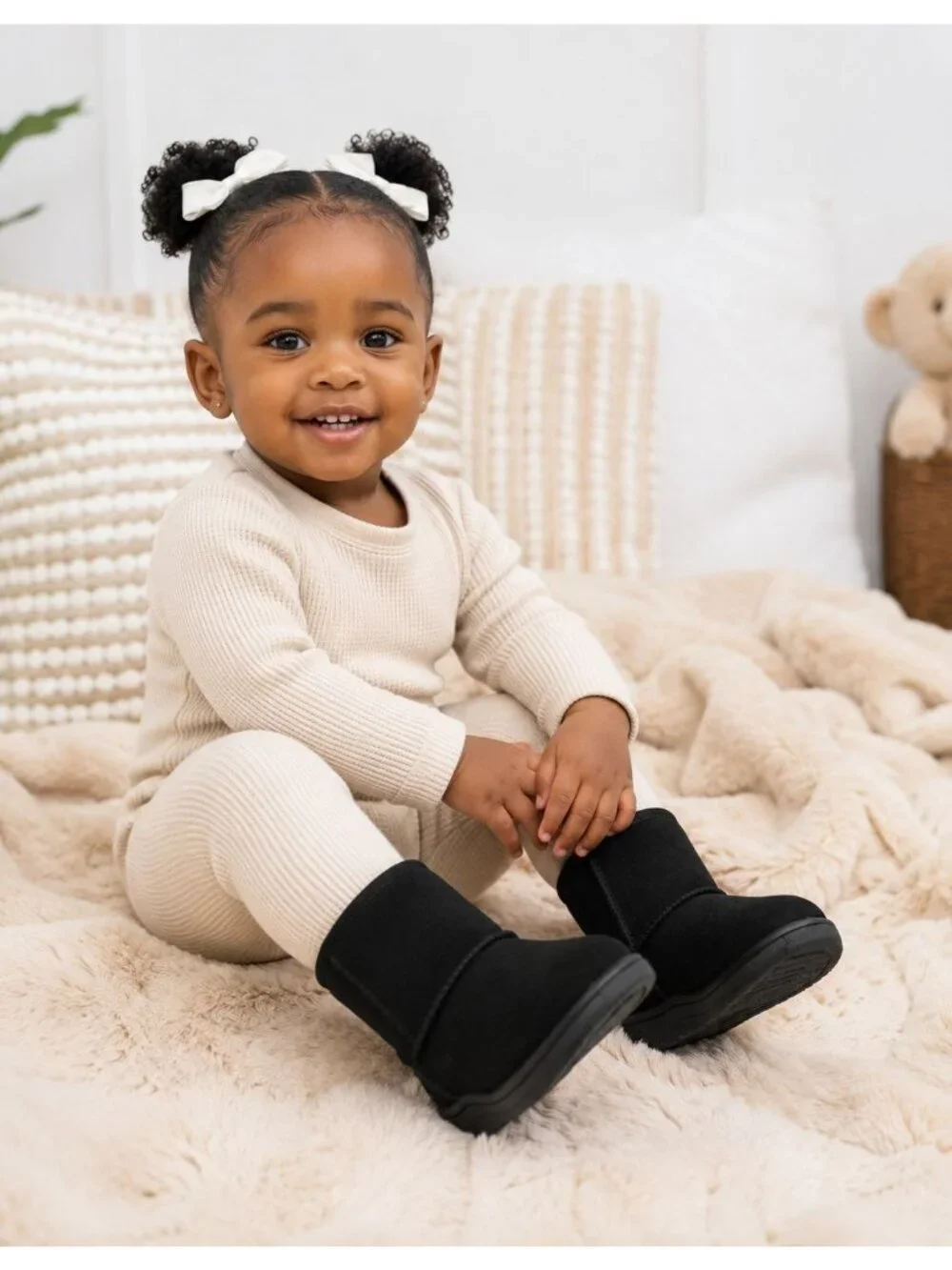 Wonder Nation Infant Size 2 Boots Cozy Black Pull-On Faux Fur Lightweight Warm